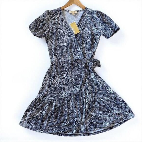 NWT Michael Kors Faux Wrap Midnight Blue Paisley Mini Dress Womens Size XS - Picture 1 of 15
